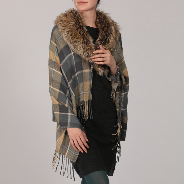 新品 今期購入 ローラアシュレイ フェイクファートリムチェックラップ