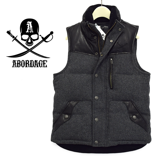 新品タグ付き アボルダージュ【ABORDAGE】羊革使用 スカル刺繍 ヨークレザー ツイードダウンベスト/Roen