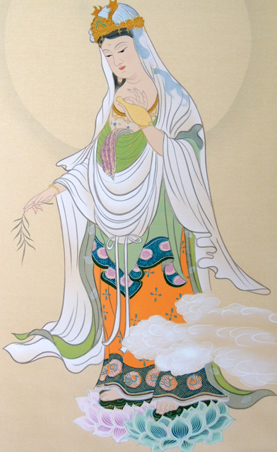 ○ 田中浩伸 銘 【 雲上観音 】 肉筆絹本掛軸 二重箱 / 仏画 【公式通販】