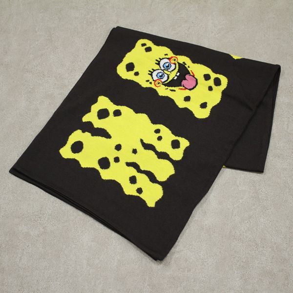 1円 MOSCHINO ◇ 定価9.3万 スポンジボブ コラボ イタリア製 茶ブラウン×黄色イエロー 男女兼用マフラーw2122*新品