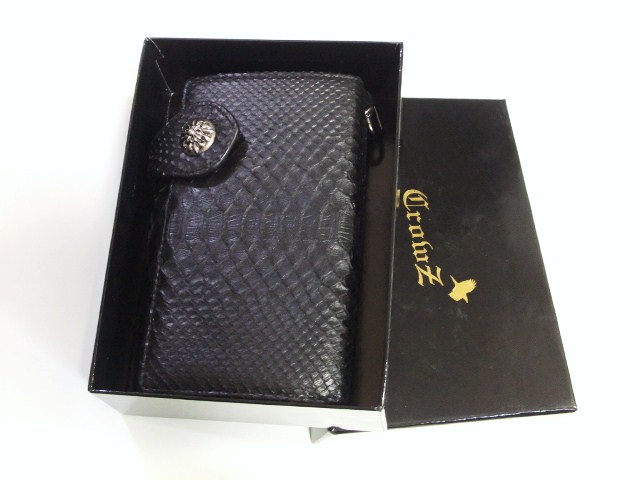 1000円～【宝彩館】高級Crowz パイソン財布 黒 ウォレットチェーン付き6