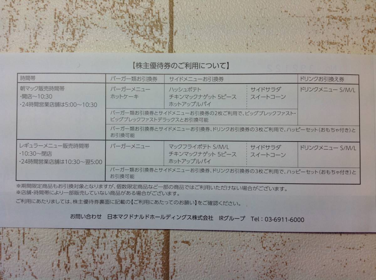 マクドナルド株主優待券1冊