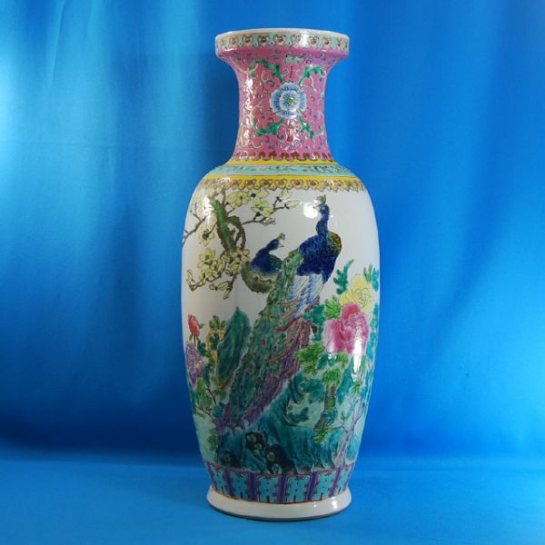 J19595 大清光緒年(写) 花鳥色絵粉彩大花瓶 工芸 検：中国 古玩