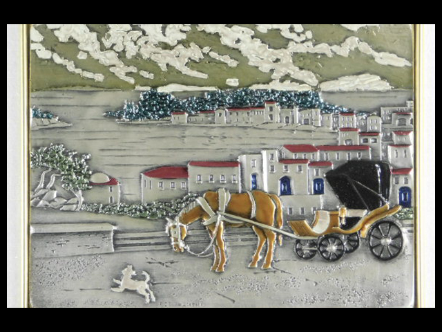 C19691 外国製 街並と馬車 七宝細工 立体作品 額装 925刻印