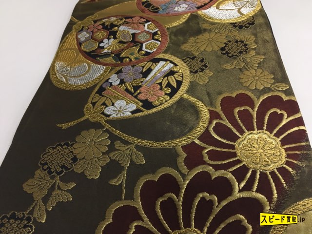 スピ買■ 着物 名品 袋帯 金色 草花文 宝尽くし 糸巻文 扇 唐織 六通 金糸 銀糸 引き箔 正絹 ☆☆☆☆