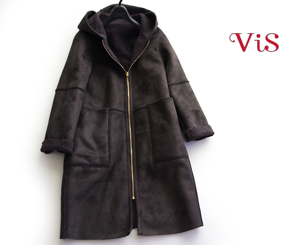 新品VISビス■2WAY！裏ボアフェイクムートンフーデッドコートDBR40L リバーシブルボアフェイクムートンコート／ビス（VIS