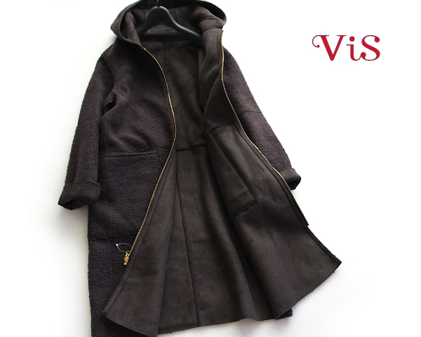 新品VISビス■2WAY！裏ボアフェイクムートンフーデッドコートDBR40L リバーシブルボアフェイクムートンコート／ビス（VIS
