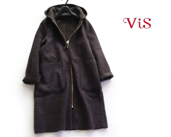 新品VISビス■2WAY！裏ボアフェイクムートンフーデッドコートDBR40L リバーシブルボアフェイクムートンコート／ビス（VIS