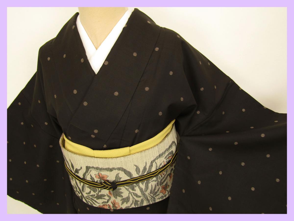 ◇衣紋屋◇1375 【1円～】泥大島紬着物 水玉文様 正絹 黒茶 身幅