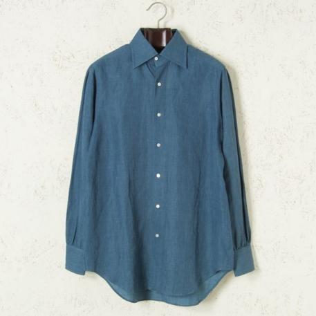 ゆうパケット○ 美品 Takizawa Shigeru タキザワシゲル ドレスシャツ 長袖 コットン リネン ストライプ 青/ブルー L 日本製 esh1003WER