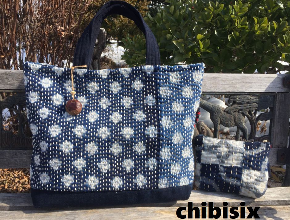 売れ済クリアランス chibisix□□ハンドメイド 古布 バッグ□□絣 藍