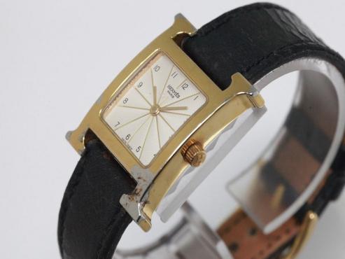 正規【HERMES/エルメス】Hウォッチ　HH1.201　スイス製　ブラックレザーベルト　クォーツ　レディース腕時計　x729