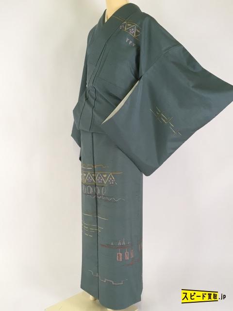スピ買■ 着物 1円 逸品 訪問着 緑 花 幾何学 白山紬地 正絹 袷 身丈163.5cm 裄丈64.5cm☆☆☆☆☆