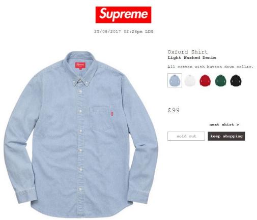 新品未使用】17AW supreme Oxford Shirt Light Washed Denim M 
