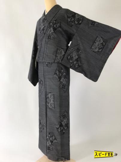 スピ買□1円 逸品 大島紬 黒 本 名匠たかし よこ絣 証紙 正絹 袷 身丈