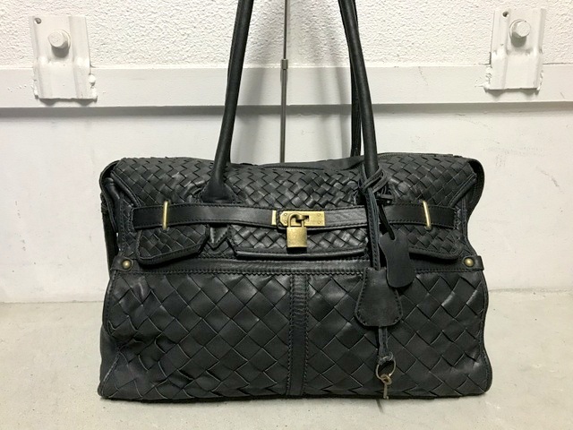 美品 美品☆ラムレザーイントレチャート編み込み バーキン型バッグ 