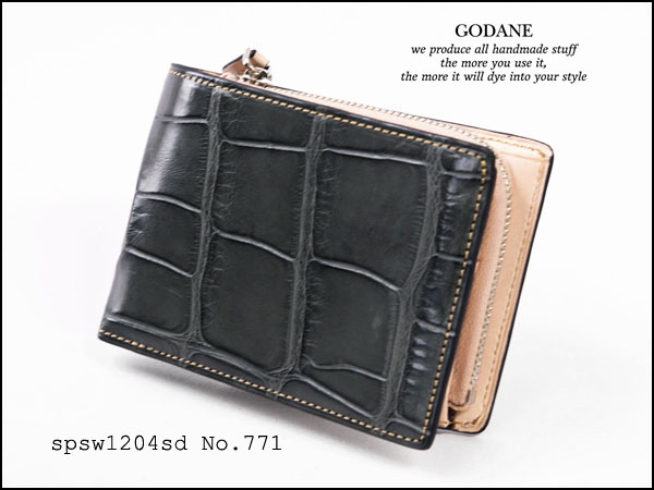 即決 GODANE 極上クロコダイル竹符ベリー革&イタリア製ヌメ革 スリム二つ折財布 Gray/771