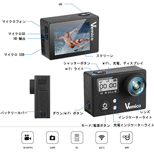 アクションカメラ 4K ウェアラブルカメラ 防水 カメラ アクションカム 