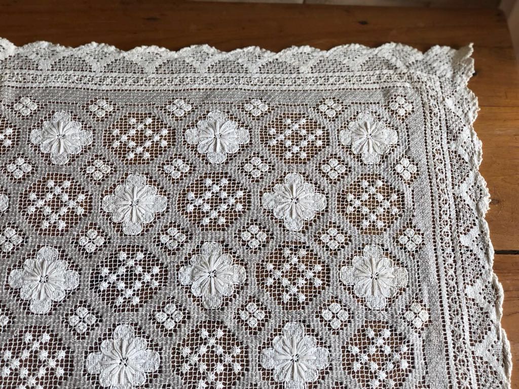 フランスアンティーク☆フィレレース☆刺繍☆110×100 フランス