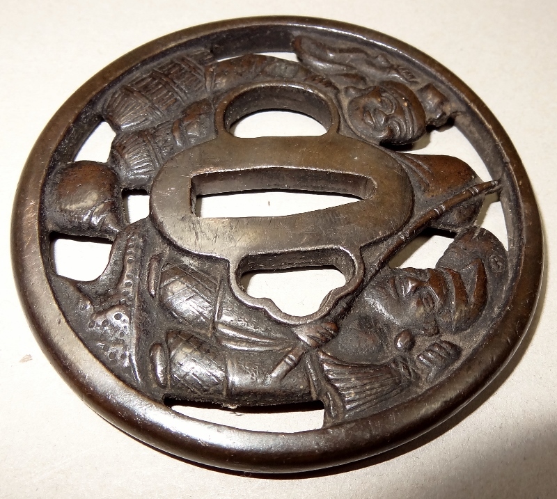 山金地恵比寿大黒図透鍔/銘：大和住家永作/拵え/本歌/江戸時代