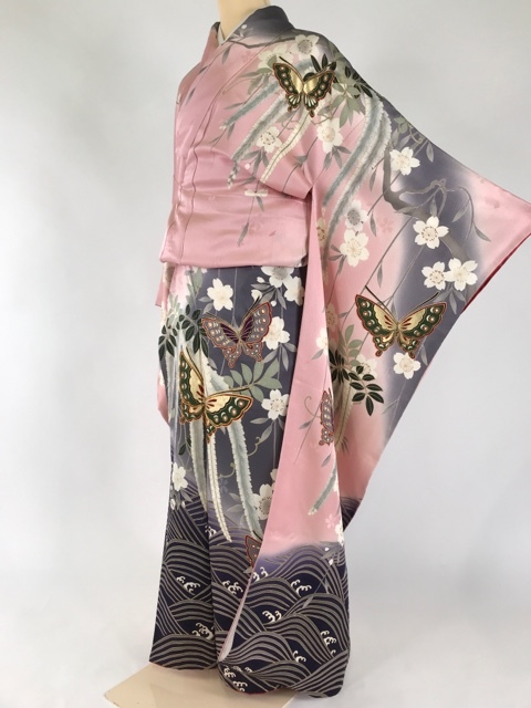 バイセル 着物 1円 名品 美品 振袖 薄ピンク 枝垂桜 蝶 波 金彩 ぼかし 