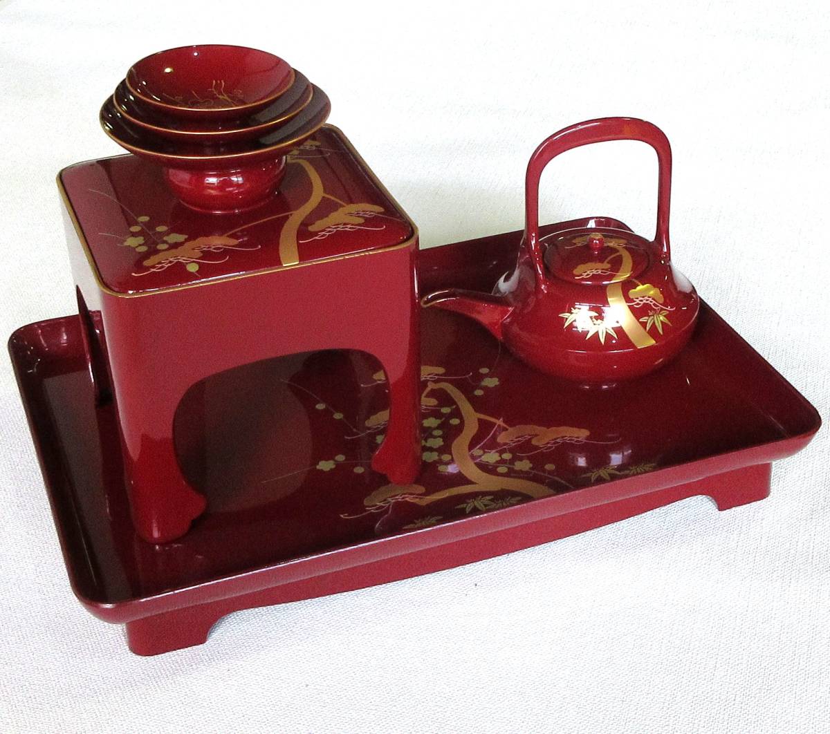 ☆会津漆器 平枠屠蘇器 本朱 松竹梅蒔絵 ☆手塗 国産 現品限 