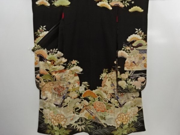 宗sou アンティーク 錦紗扇面に御所車・花丸紋・松・牡丹模様刺繍五つ紋花嫁衣装振袖（比翼付き）