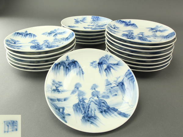 0720 【流】中国美術 染付皿二十客 箱付 IX300 大皿 染付