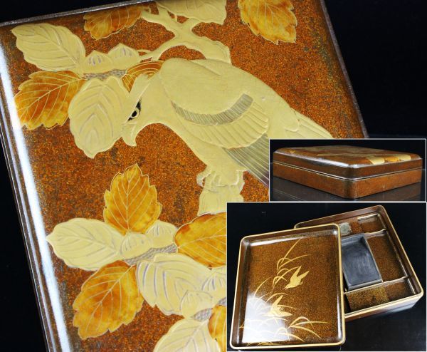 豪華絢爛 総梨地高盛金蒔絵鷹図硯箱 旧家蔵出品[Y74] | 和歌