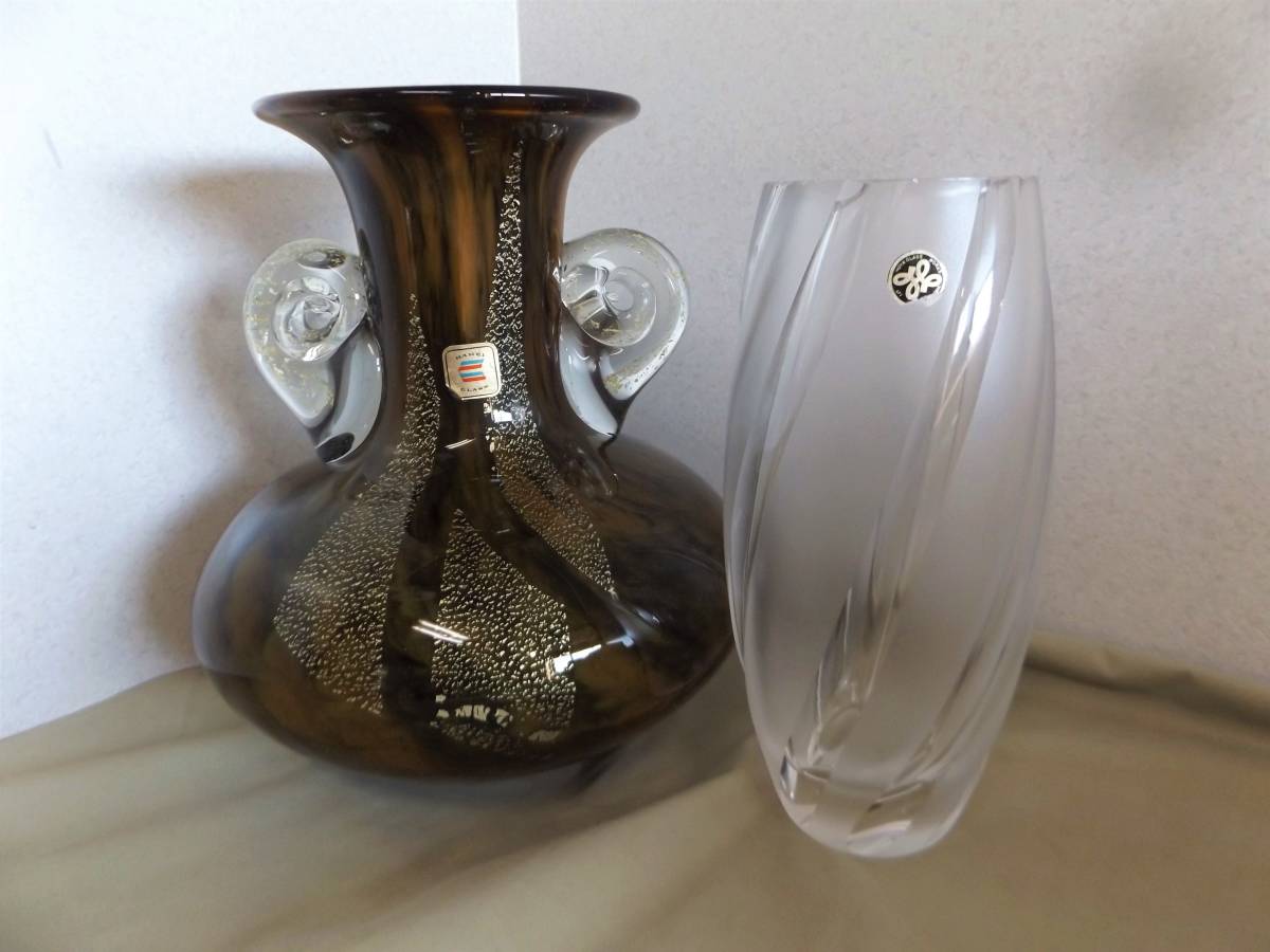 □KAMEI □HOYA□ガラス花瓶 2個セット 花器 カメイガラス ゴールド系