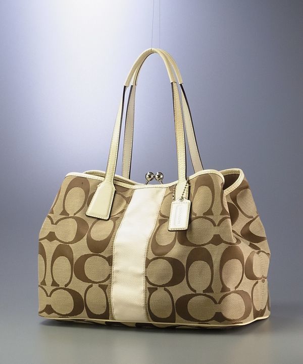  T7283 コーチ/COACH 定番 シグネチャー柄 ストライプフレームド キャリーオール F13533 トートバッグ/鞄 ベージュ&times;アイボリー(トートバッグ)｜売買されたオークション情報、yahooの商品情報を かばん、バッグ