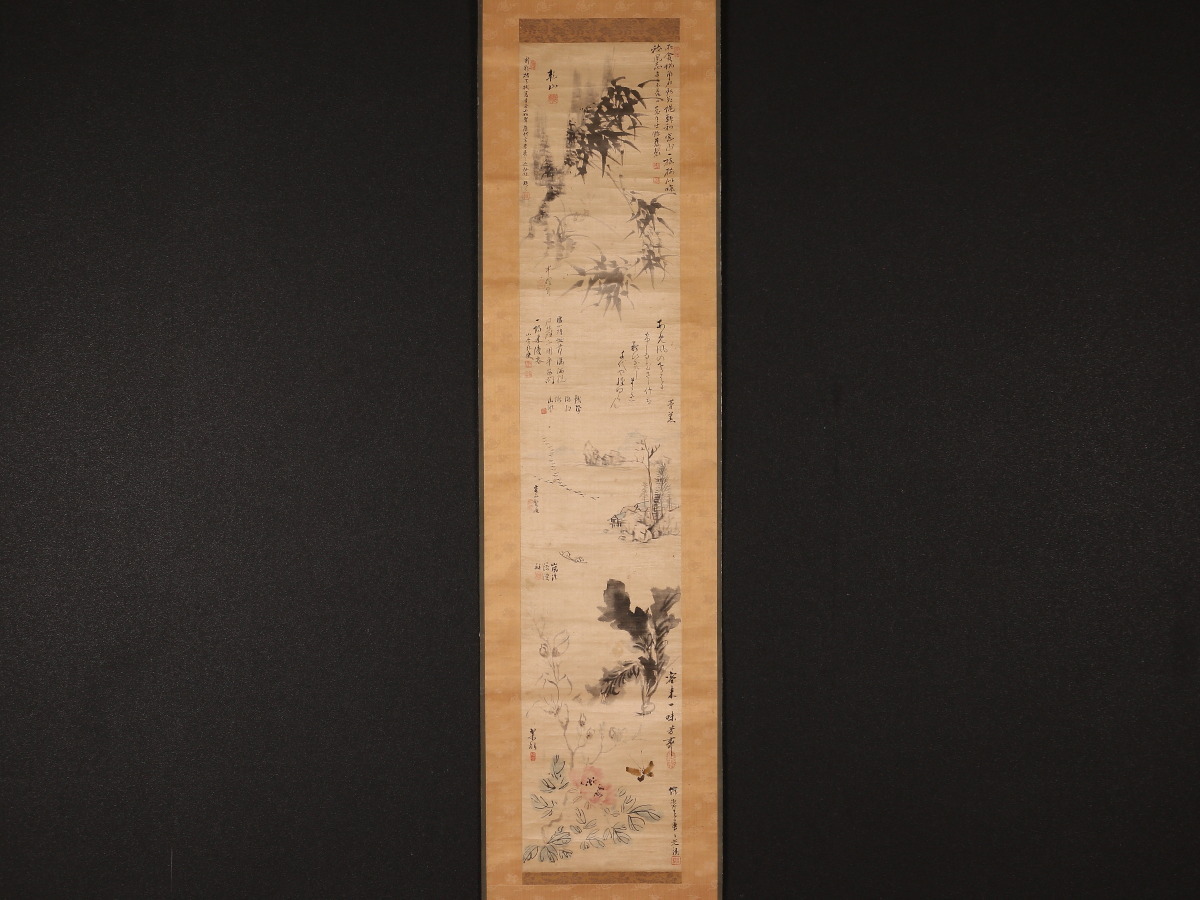 【模写】【伝来】e6891〈青木昆山 他〉山水 花鳥図 十二名合作 絖本 江戸後期 新潟の人