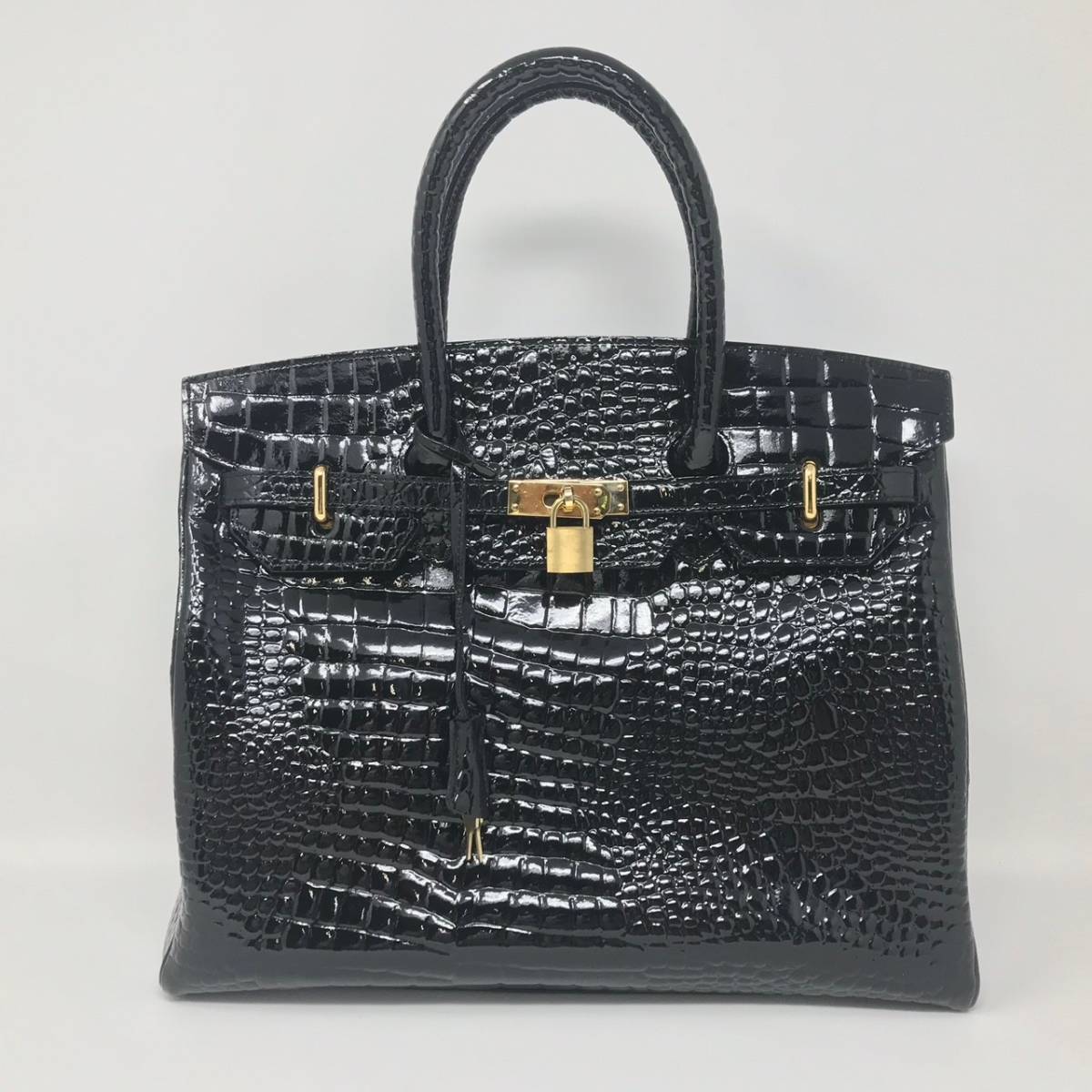 クロコダイル風】 エナメル加工 バーキン型 黒 ブラック 中古美品 