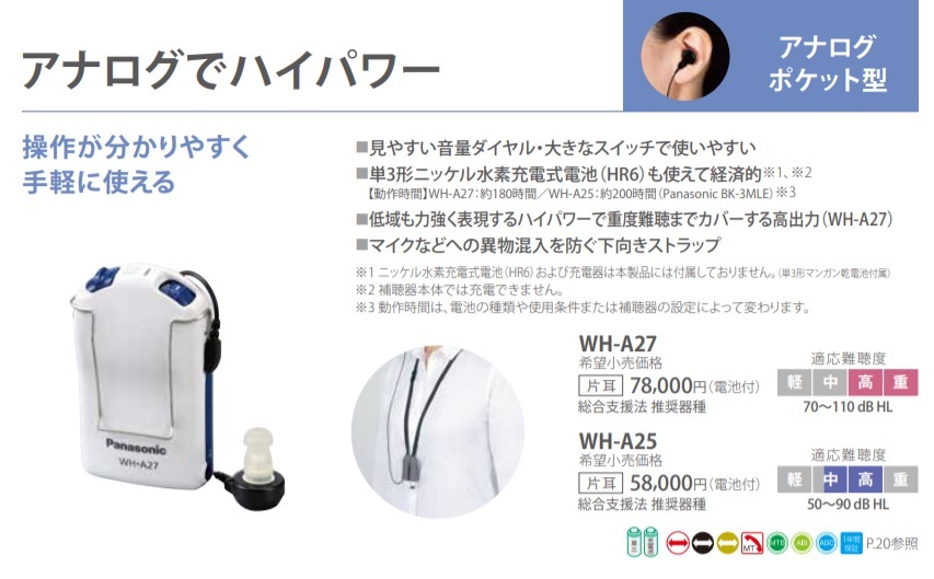 パナソニック ポケット型 アナログ補聴器 WH-A27　