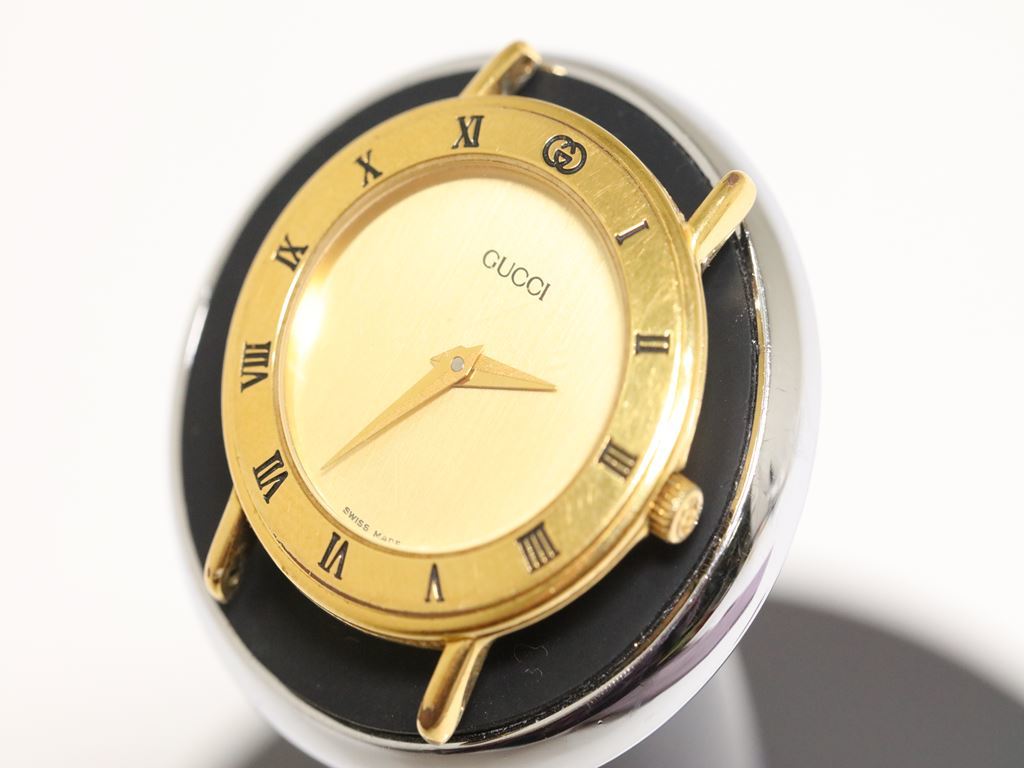 可動品【GUCCI/グッチ】3000.2.L　GGロゴ　スイス　ローマ数字　ゴールドダイヤル　ラウンド　トップ　QZ　レディース腕時計　ラ078