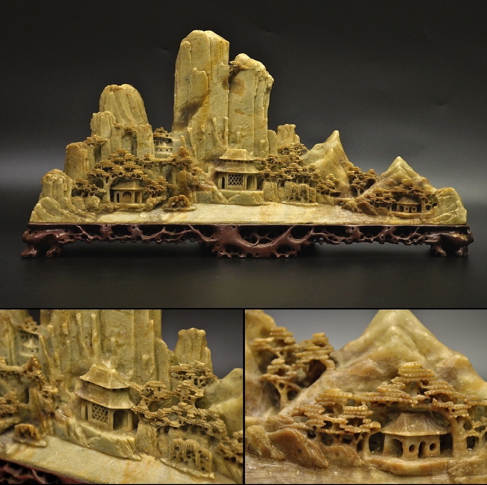 t503 中国 蝋石 楼閣山水彫刻 ○ 骨董 古玩 Yahoo!オークション