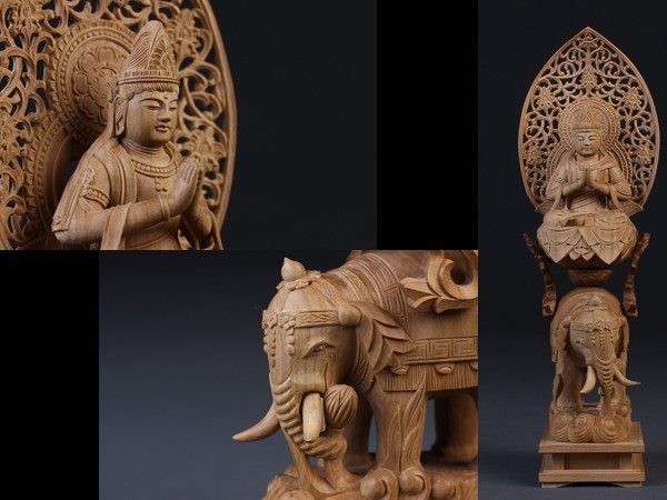 仏教美術 総白檀造 超細密彫刻 普賢菩薩 美品 yv05 老山檀｜文殊普贤