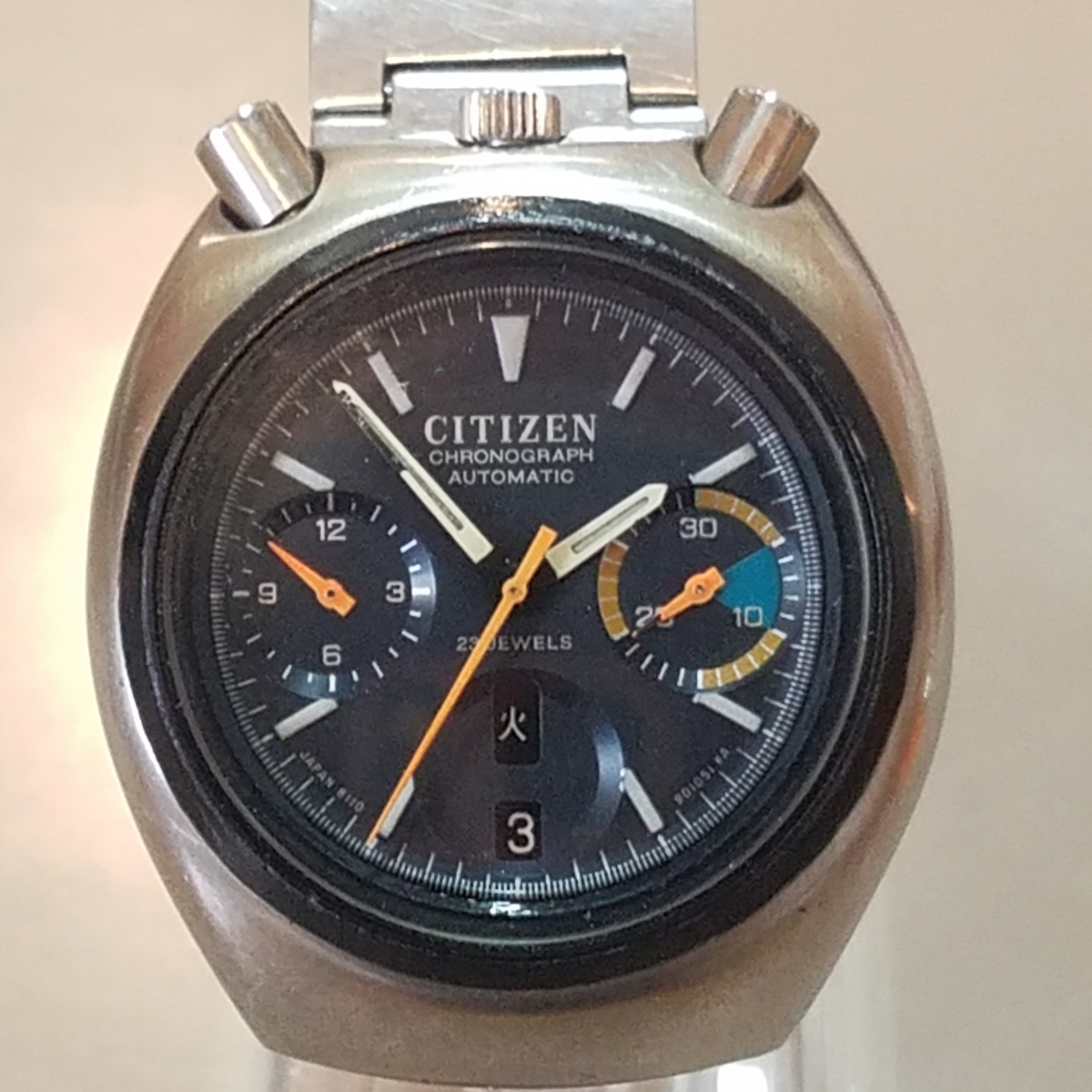 希少 CITIZEN シチズン チャレンジタイマー ツノ クロノグラフ 4-901011-K 黒文字盤 ブラック 23石 メンズ 自動巻 腕時計 動作品