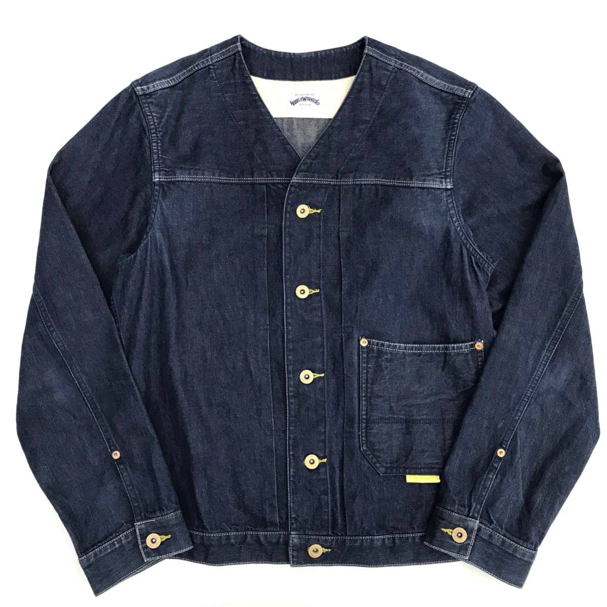 【極美品】 WORLD WORKERS ワールドワーカーズ ノーカラー デニムジャケット Lサイズ メンズ エンジニアジャケット BIG JOHN ビッグジョン