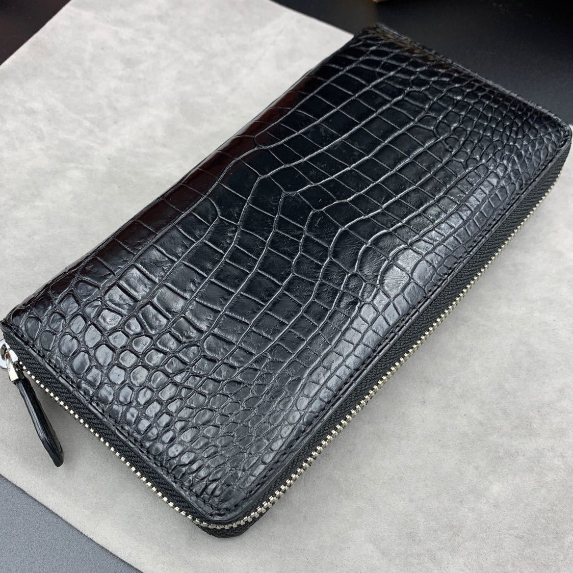 革注目※極上特注※ クロコダイル 長財布 ラウンドファスナー ワニ革×オーストリッチ内装 品質S級 未使用 腹使用一枚革 最落なし 実物写真