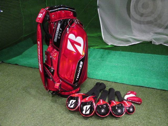 GK鈴鹿☆即決407 【美品】ブリヂストン ツアーB キャディバッグCBG 90R 総エナメルモデル ヘッドカバー6個付き付◆赤◆激安特価