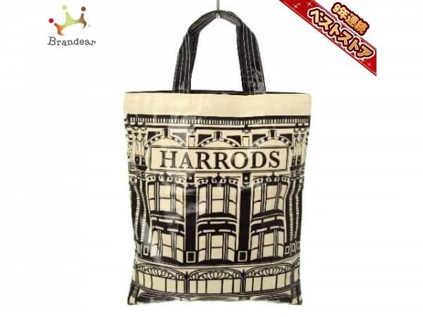 ハロッズ HARRODS トートバッグ コーティングキャンバス 黒×アイボリー 