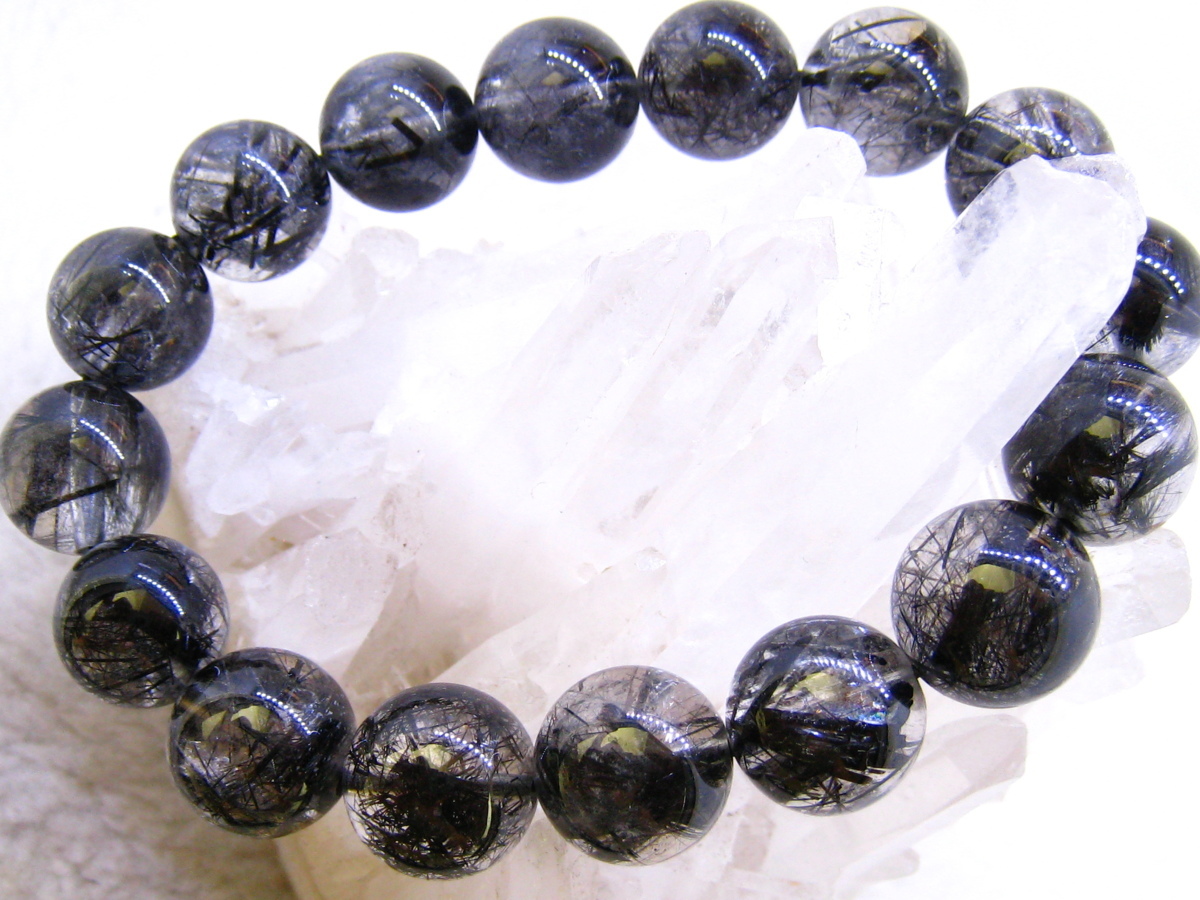 即決 0212k400 天然水晶【ブラックルチル】黒針ブレス 13-13.8mm