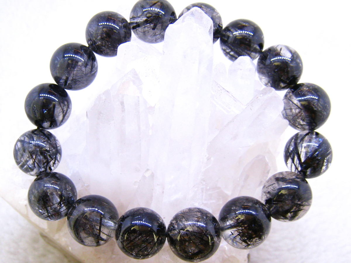 即決 0212k400 天然水晶【ブラックルチル】黒針ブレス 13-13.8mm