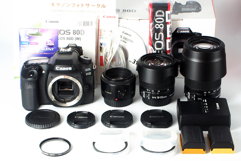 【S数4150回の極上品★完璧付属品プラス豪華セット】Canon キヤノン EOS 80D 標準 望遠 単焦点 トリプルレンズセット=SDカード付で即撮影可