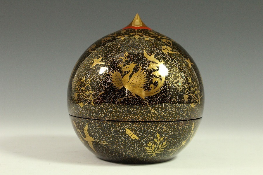 金閣】極上漆器 輪島塗 塗師 大徹造 鳳凰蒔絵 宝珠 五節句盃付 在銘 共