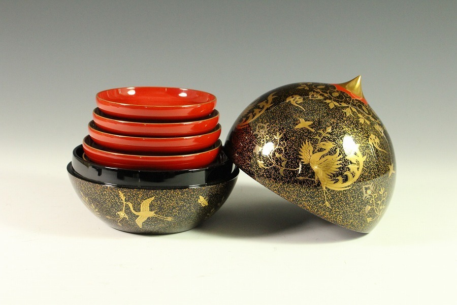 金閣】極上漆器 輪島塗 塗師 大徹造 鳳凰蒔絵 宝珠 五節句盃付 在銘 共