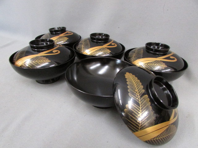 古輪島塗 本金蒔絵 吸物椀 五客】時代物 懐石茶道具 木製本漆塗