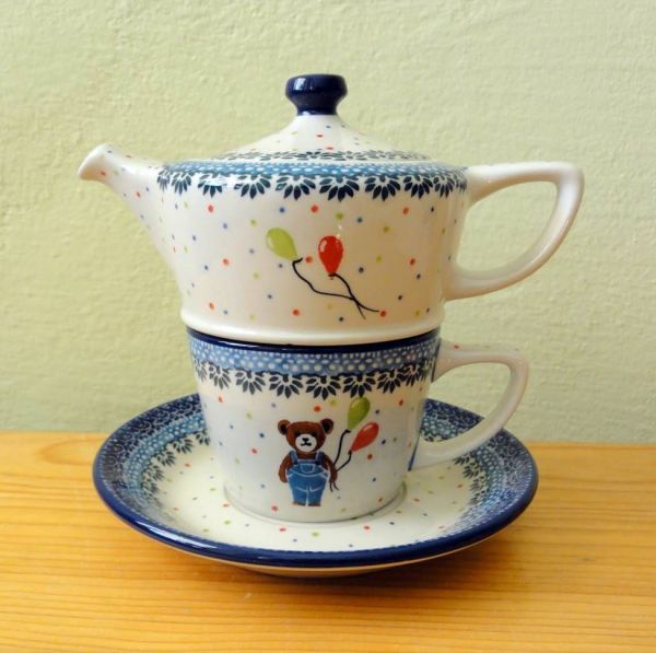 ポーランド陶器 食器 z949 茶クマ＆赤緑風船 ティーフォーワンセット