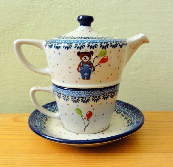 ポーランド陶器 食器 z949 茶クマ＆赤緑風船 ティーフォーワンセット